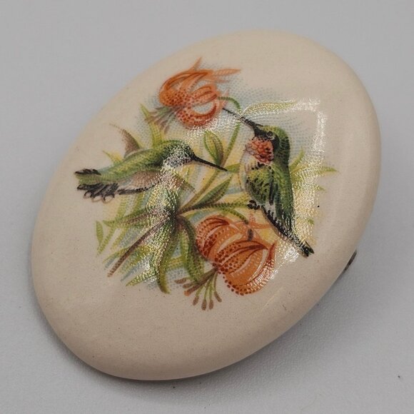 VTG Ceramic Porcelain Cabochon Transferware Flora Fauna Hummingbird Brooch Pin - Picture 9 of 10